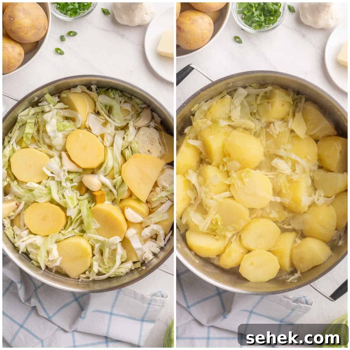 How to Grow and Store Irish Potatoes for Bigger Harvests 4 Collage of a pot boiling the potatoes and cabbage.