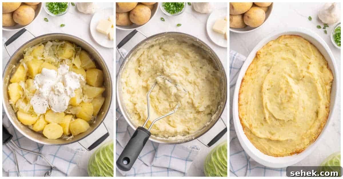 How to Grow and Store Irish Potatoes for Bigger Harvests 5 Collage of adding the other ingredients to the pot, mashing the potatoes and baking in the casserole pan.
