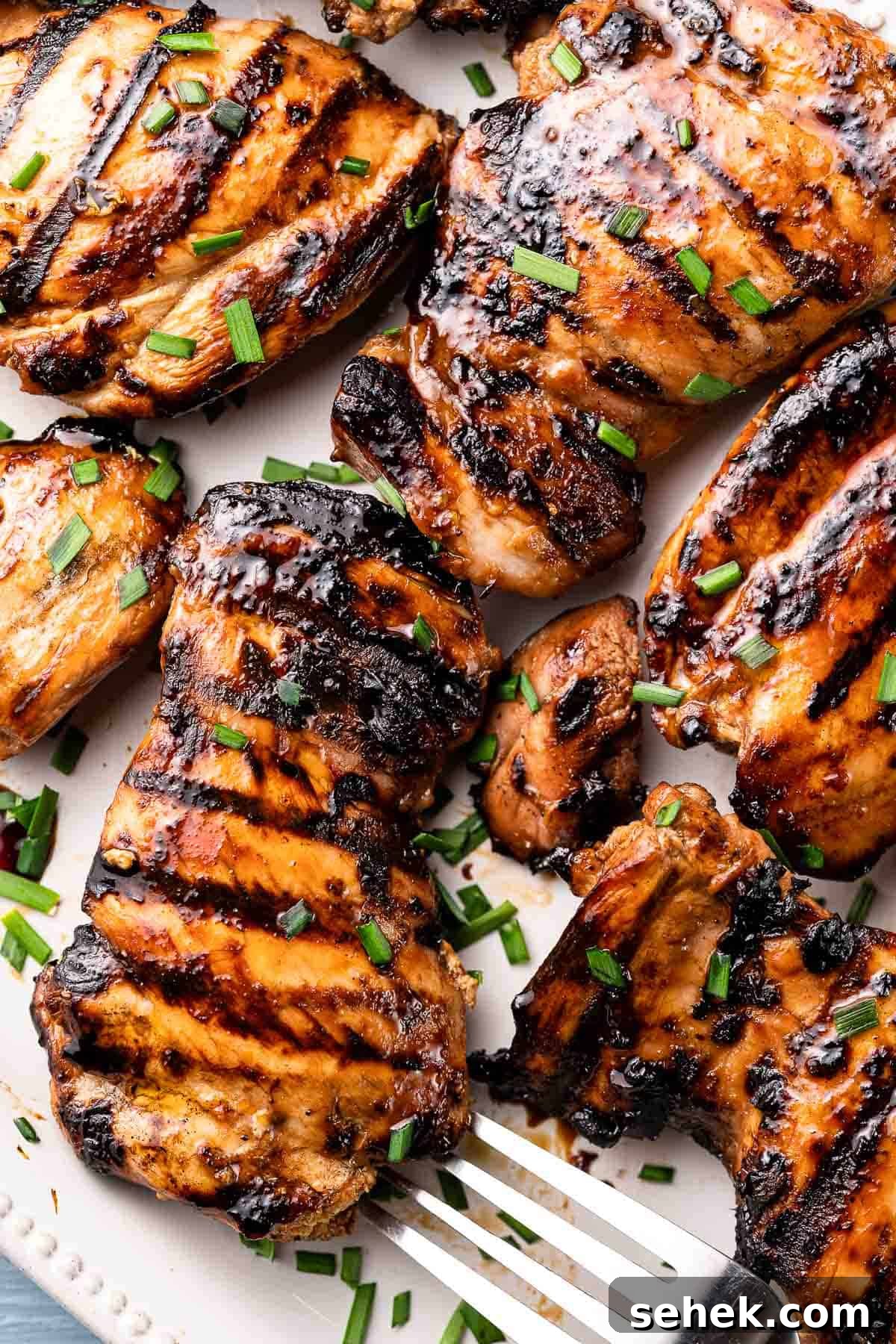 Balsamic Grilled Chicken with Garlic and Herbs 2 grilled balsamic chicken on white plate with fork