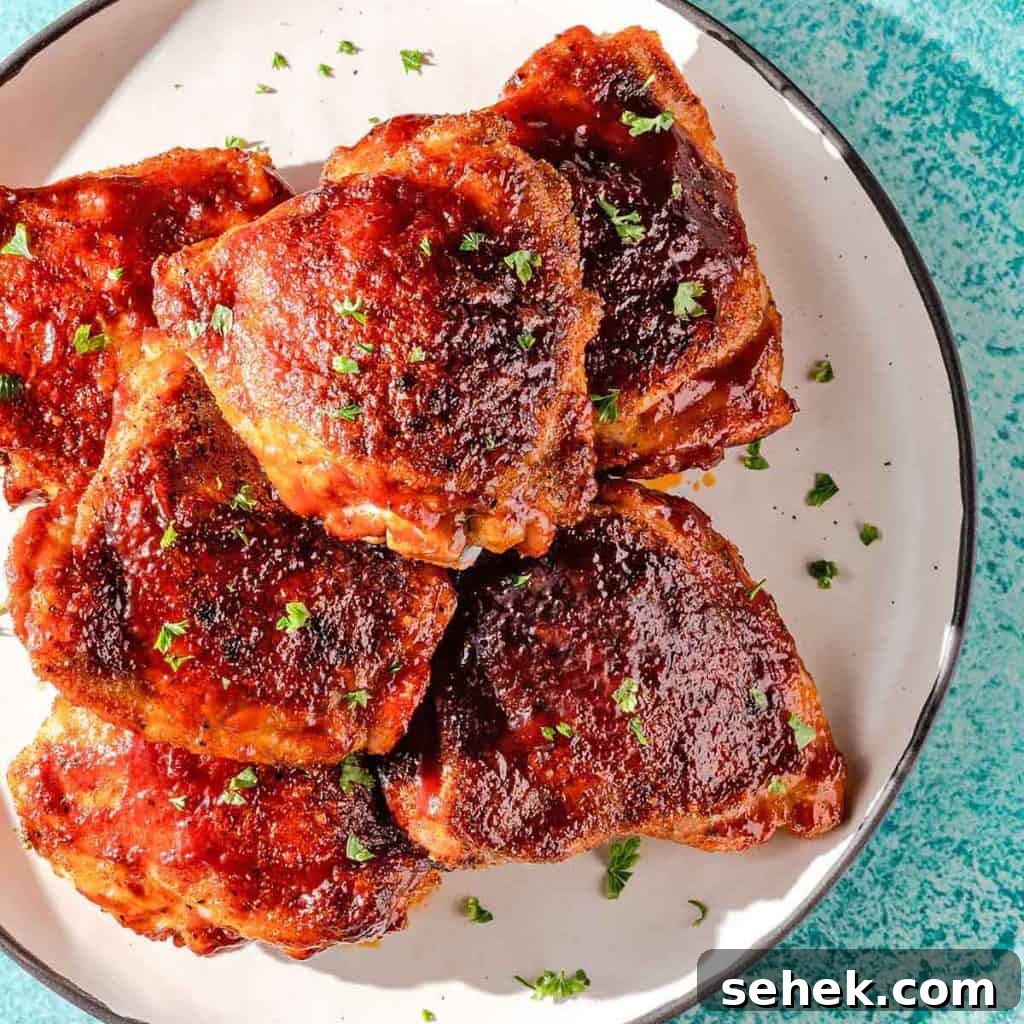 Balsamic Grilled Chicken with Garlic and Herbs 13 baked bbq chicken thighs on white plate