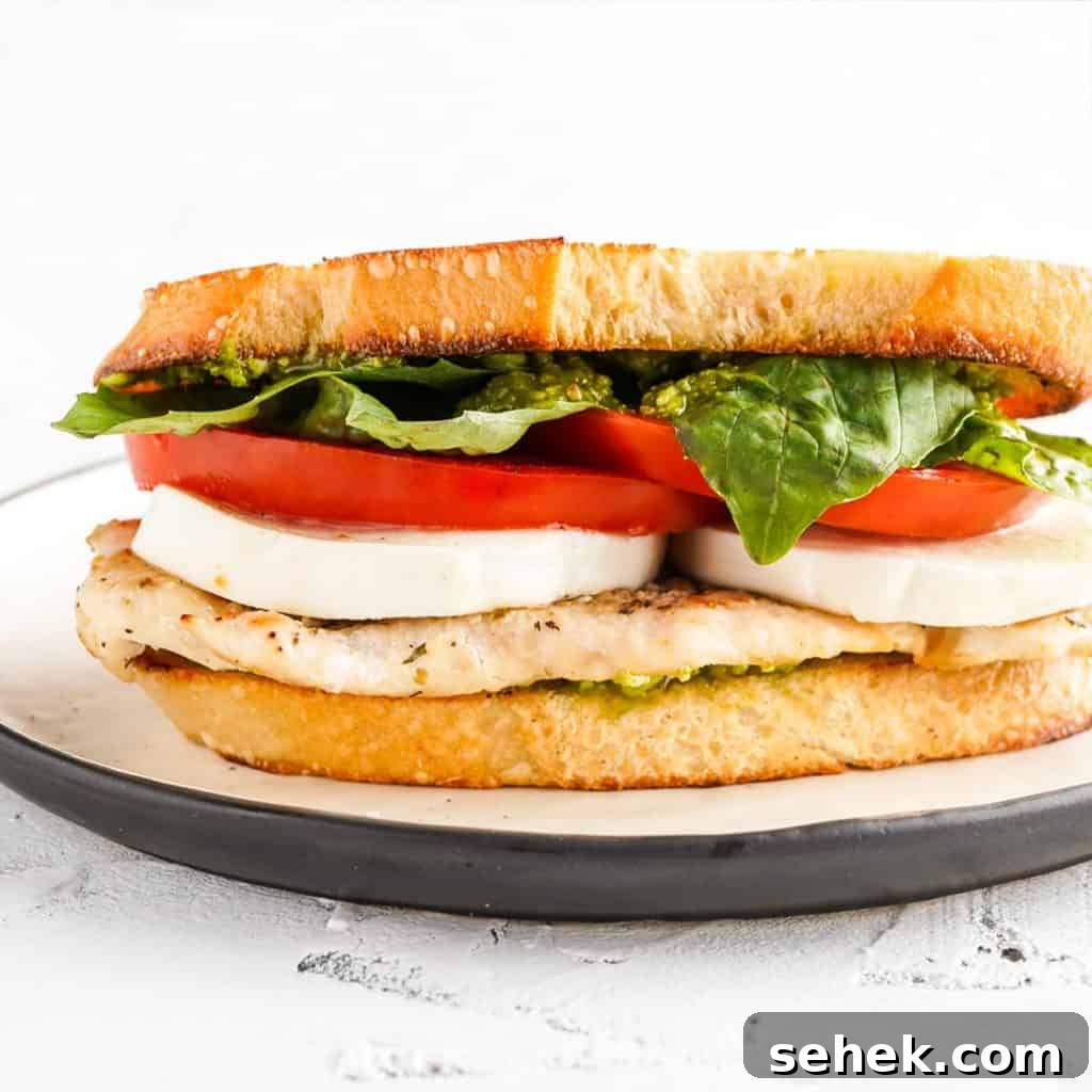 Balsamic Grilled Chicken with Garlic and Herbs 14 Close up side view of sandwich with basil mozzarella tomato and chicken