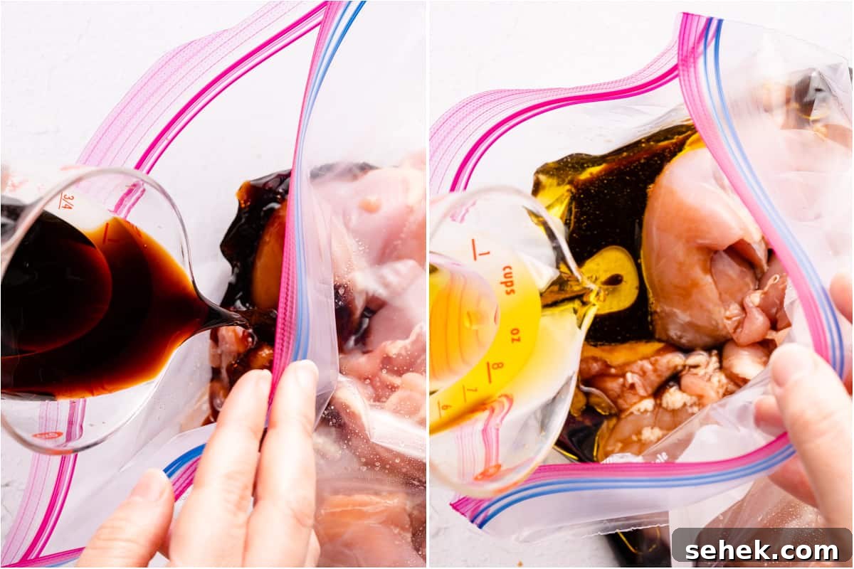 Balsamic Grilled Chicken with Garlic and Herbs 5 collage of marinade ingredients being poured into bag with chicken
