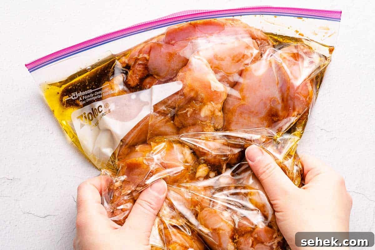 Balsamic Grilled Chicken with Garlic and Herbs 6 chicken and marinade in bag being massaged with hands
