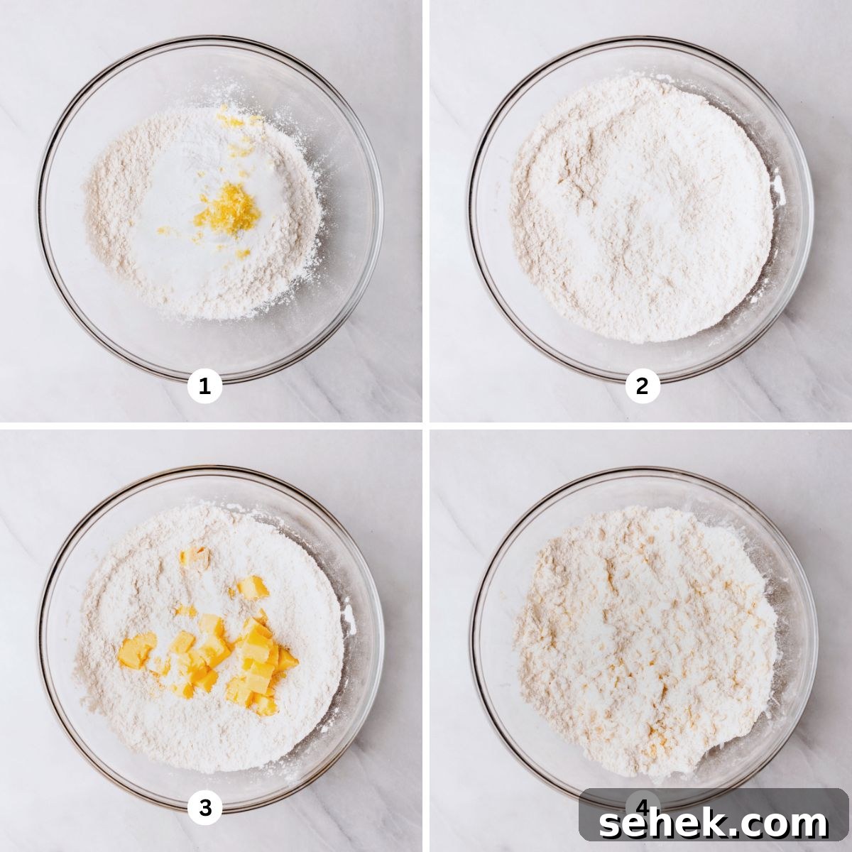 Mixing the dry ingredients together in a glass mixing bowl then adding in the cubed cold butter mixing until fully combined.
