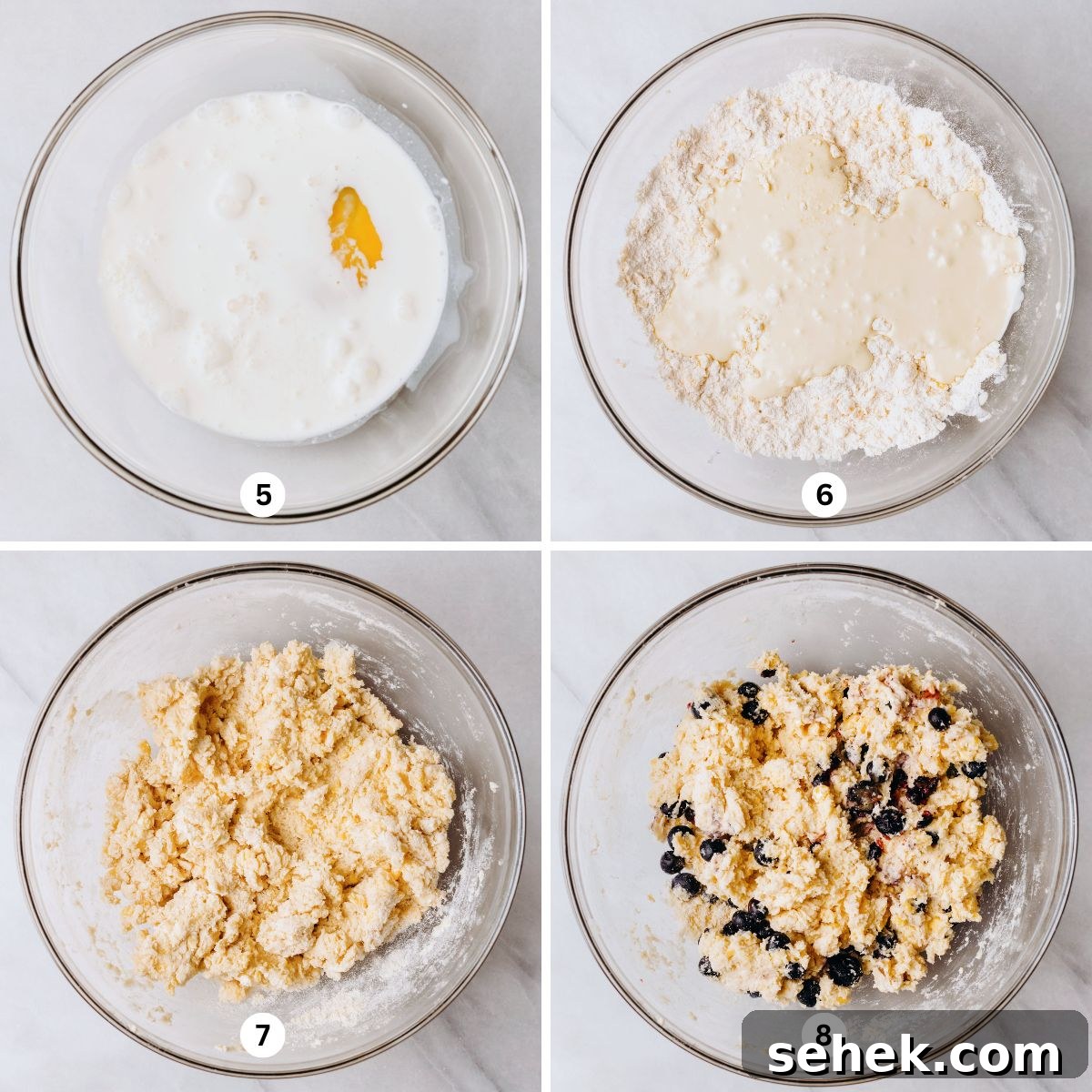 Whisking wet ingredients together in a glass bowl until fully combined then adding it to the dry ingredients along with fresh blueberries.
