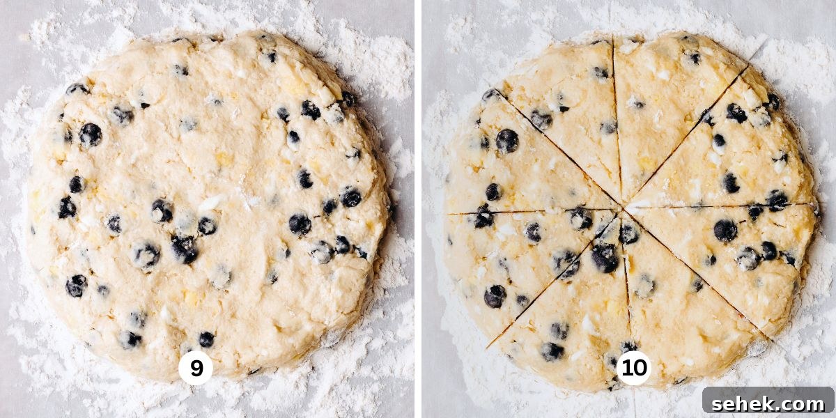 Shaping lemon blueberry scones into a circle 7 inches in diameter then cutting into 8 equally sized triangles on a white flour coated background.