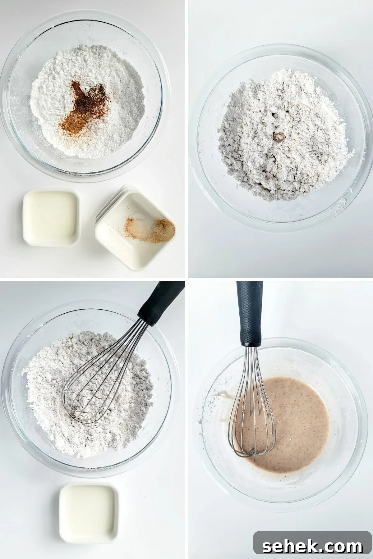Cinnamon Spice Glaze Recipe for Cakes, Donuts & Pastries 5 Collages of images showing how to make cinnamon sugar glaze.