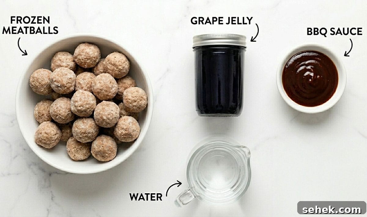 Ingredients for recipe on white marble background- frozen meatballs, bbq sauce, water, jelly.