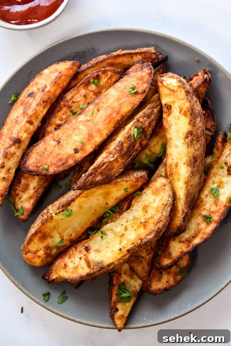 air fryer jojo potatoes wedges on a plate with ketchup on the side.