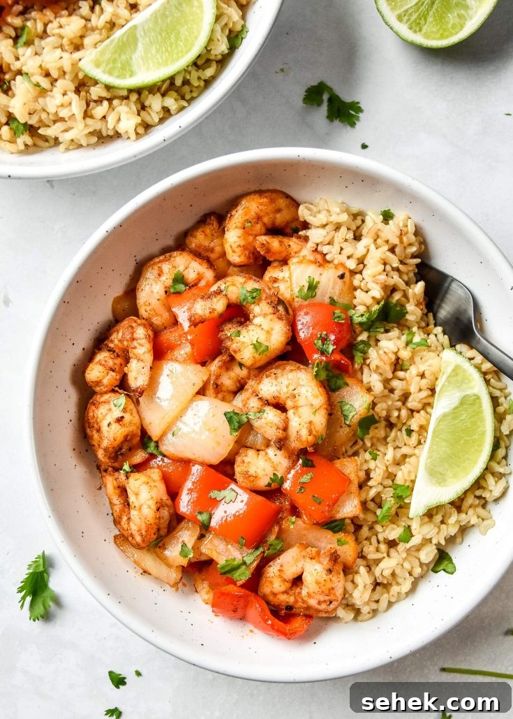air fryer shrimp and vegetables with rice in a bowl