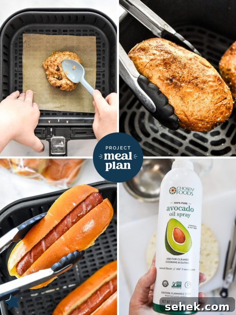 15 Simple Air Fryer Recipes for Beginners That Actually Work 3 equipment used for common easy air fryer recipes including tongs and spray avocado oil.