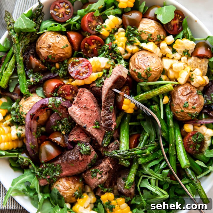 chimichurri steak salad in a bowl.