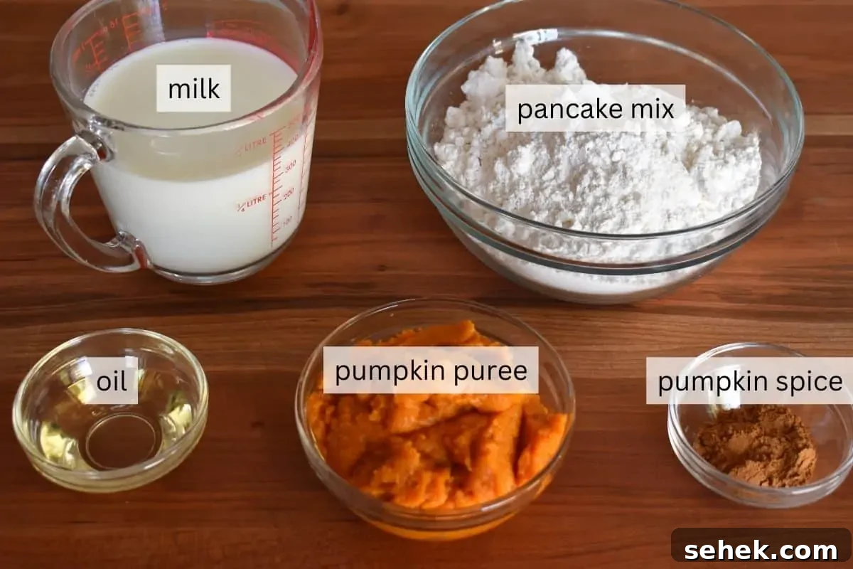Fluffy Pumpkin Pancakes Using Pancake Mix – Quick Fall Recipe 4 Ingredients for recipe including puree, spices, oil, and milk.
