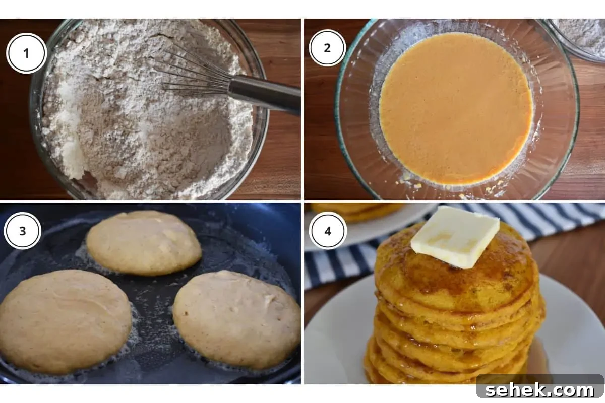 Fluffy Pumpkin Pancakes Using Pancake Mix – Quick Fall Recipe 5 Process shots showing how to make recipe including cooking it on a nonstick skillet and serving with a drizzle of maple syrup.