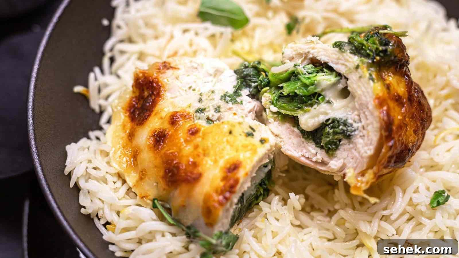 17 Cozy Casseroles for Any Night of the Week 13 Chicken stuffed with spinach and cheese on a bed of rice.