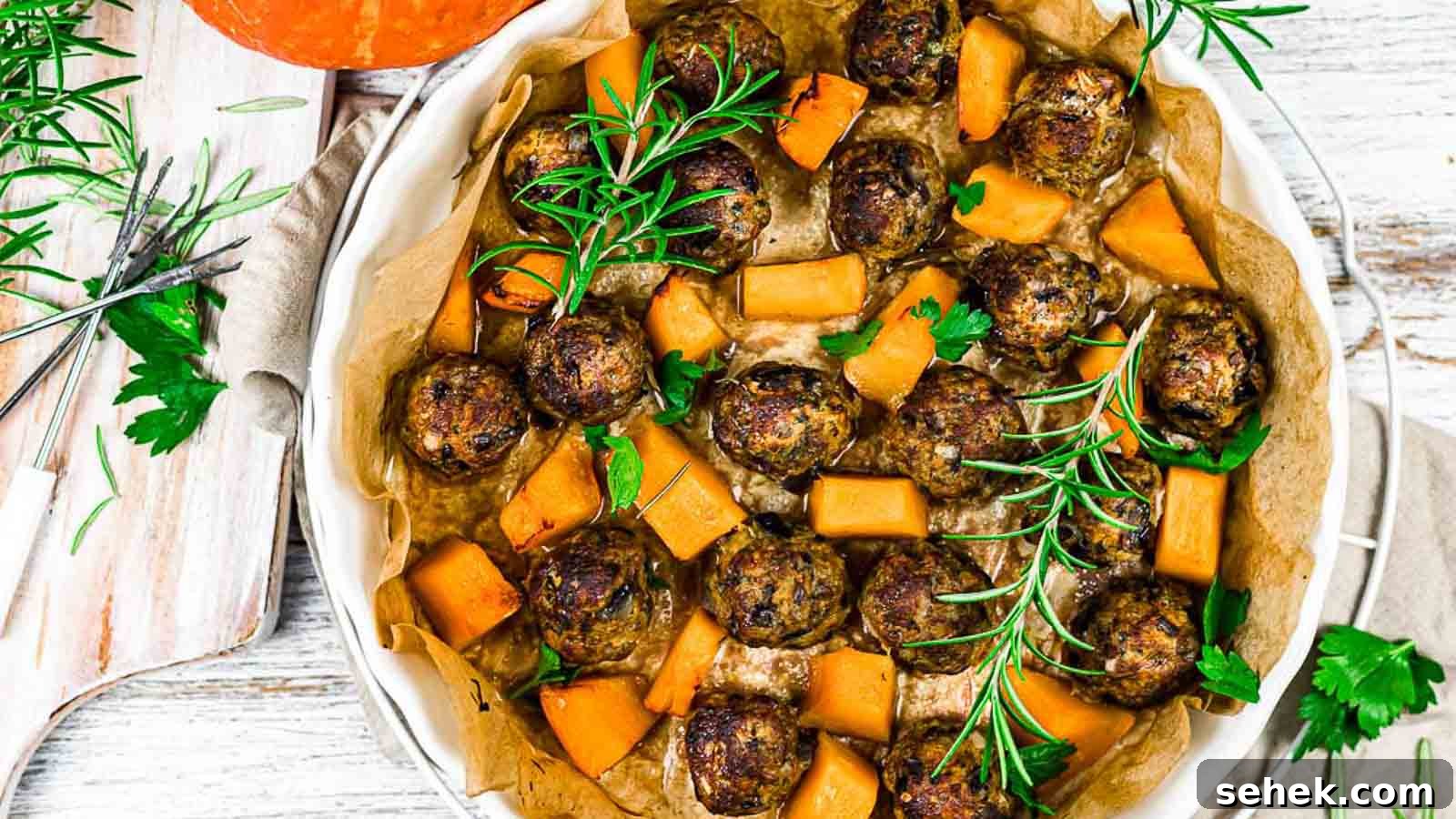 17 Cozy Casseroles for Any Night of the Week 15 Pumpkin meatballs with baked pumpkin pieces.