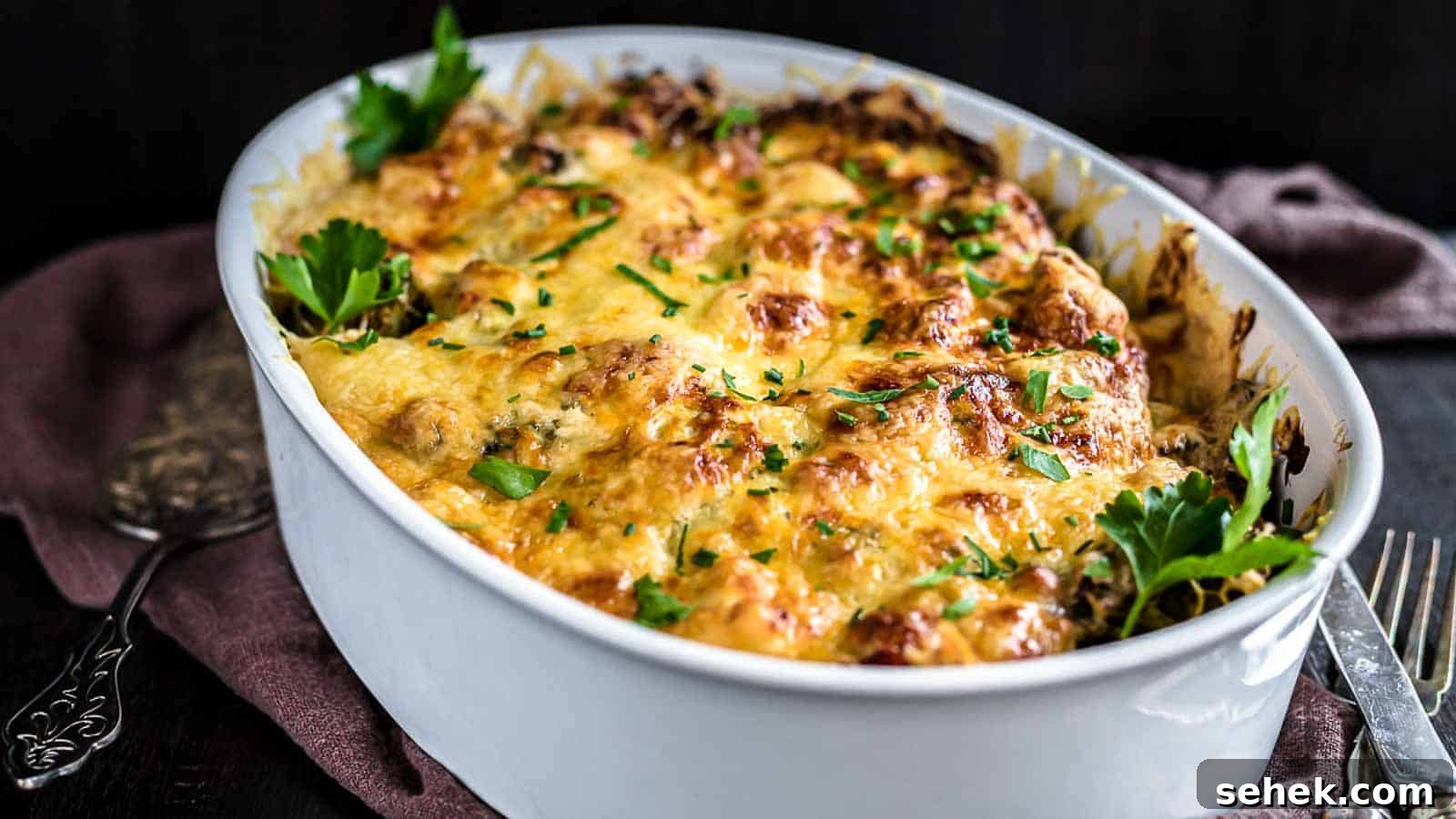 17 Cozy Casseroles for Any Night of the Week 19 Chicken casserole with baked cheese inside a white dish.