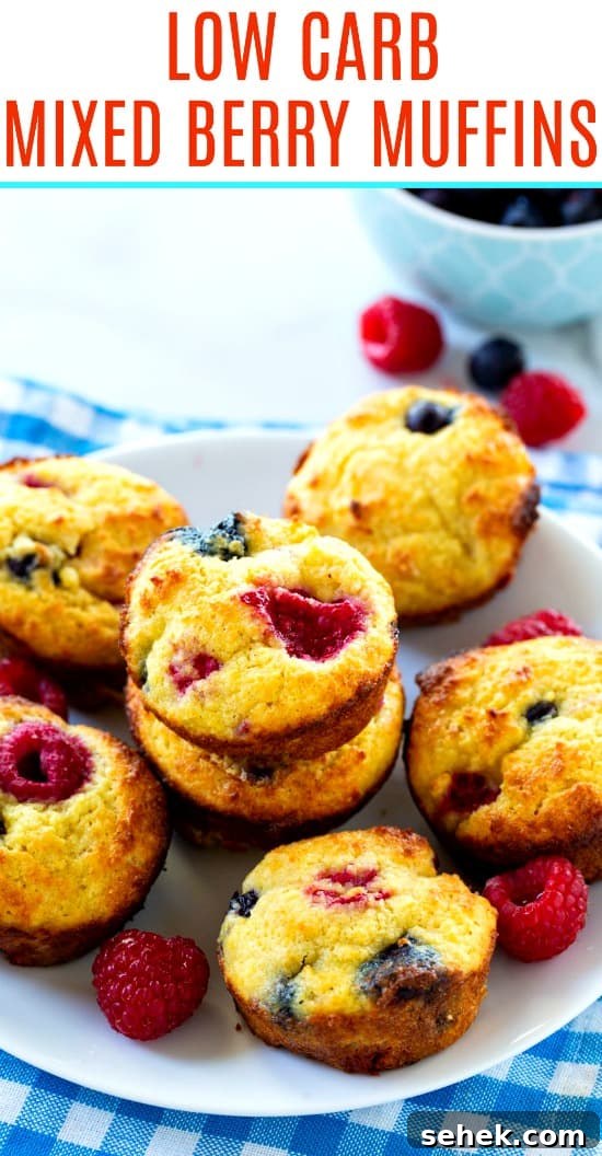 Low Carb Mixed Berry Muffins with blueberries and raspberries