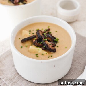 20+ Simple Vegan Soup Recipes for Every Season 14 Vegan baked potato soup in a white bowl, topped with mushrooms.