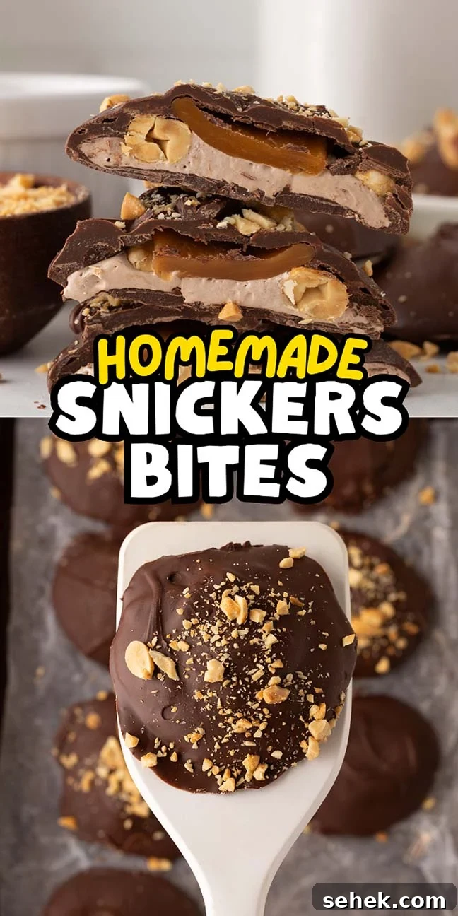 Displayed with a spatula, the stacked homemade Snickers bites boast layers of chocolate, caramel, and a nut filling, topped with chopped peanuts.
