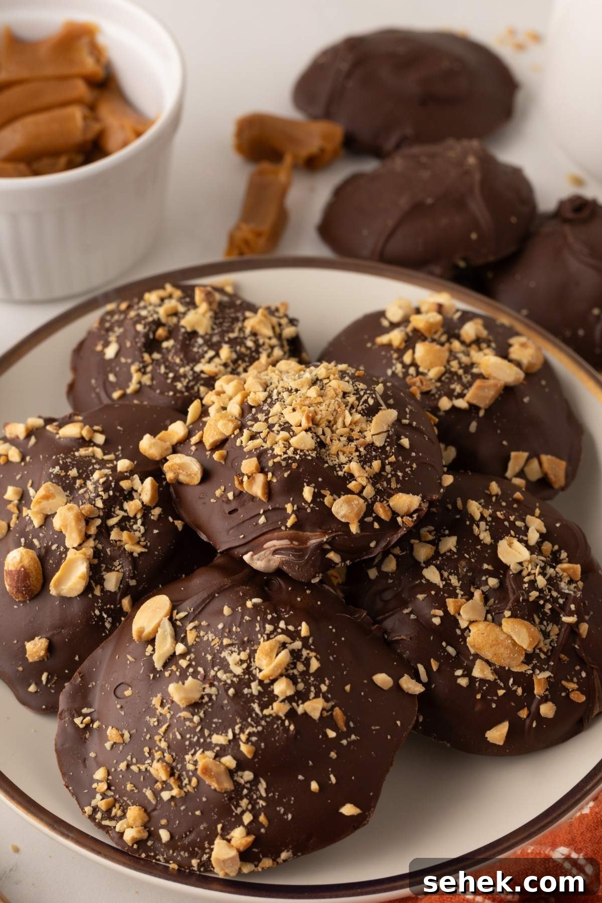 A plate of chocolate-covered cookies sprinkled with chopped peanuts resembles delicious homemade Snickers bites, accompanied by a small bowl of peanut butter and more cookies in the background.