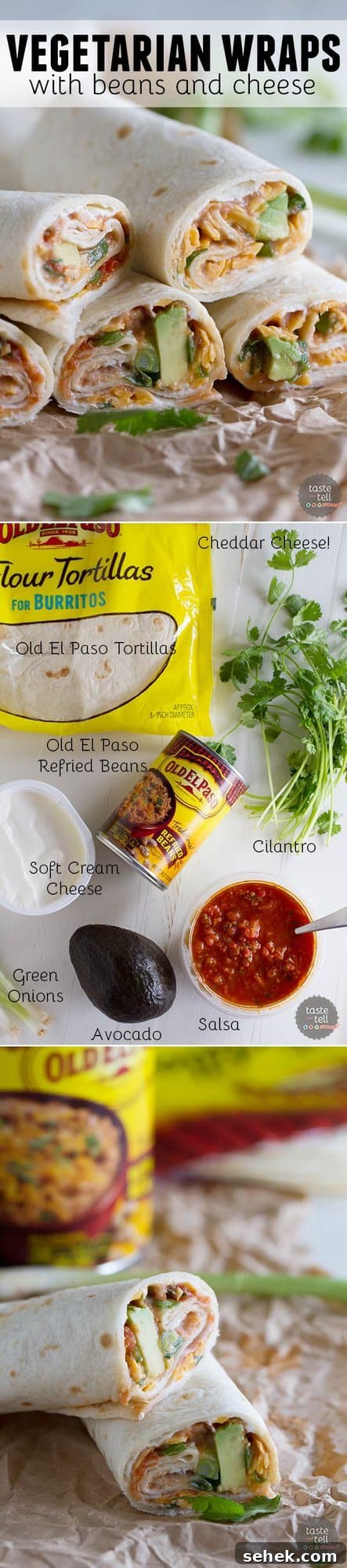 Cheesy Bean Vegetarian Wraps: Flavorful Lunch or Snack 7 These Vegetarian Wraps with Beans and Cheese make the perfect grab and go lunch. Filled with cream cheese, refried beans, cheese, salsa, green onions, cilantro and avocado, they will make your taste buds happy!