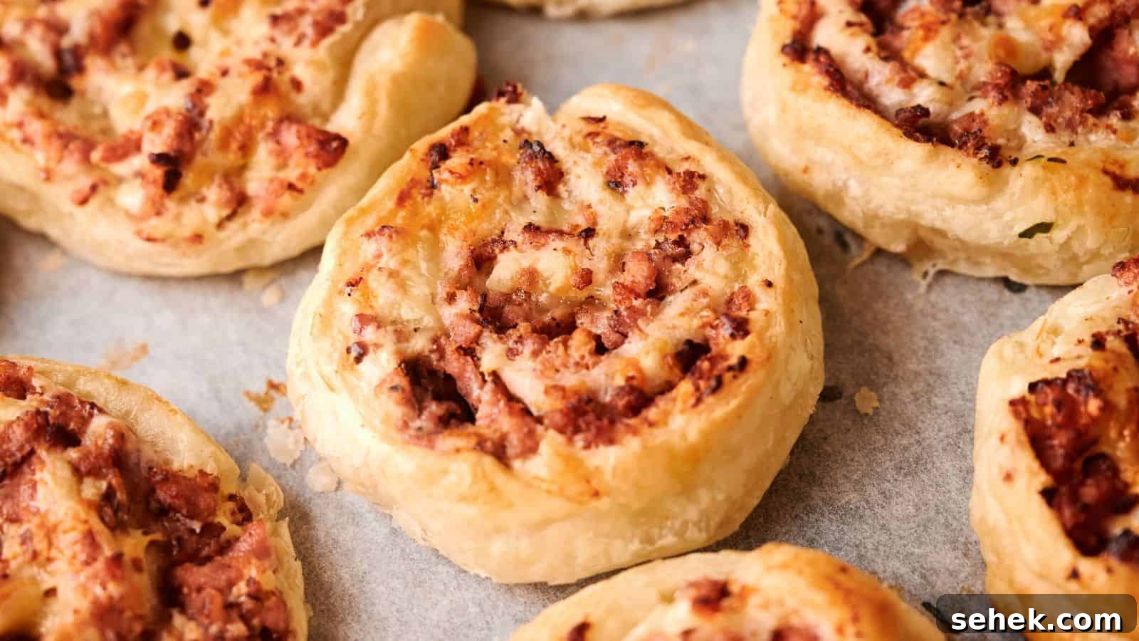 9 Pinwheel Recipes Guests Always Request Again 2 Close-up of several baked puff pastry pinwheels filled with minced meat, arranged on a baking tray lined with parchment paper.