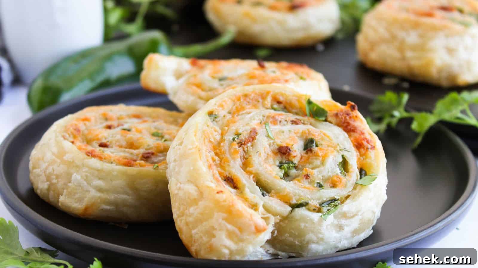 9 Pinwheel Recipes Guests Always Request Again 6 Close-up of three spiral pastry rolls on a black plate, filled with herbs and cheese. Green garnish and a jalapeño pepper are in the background.