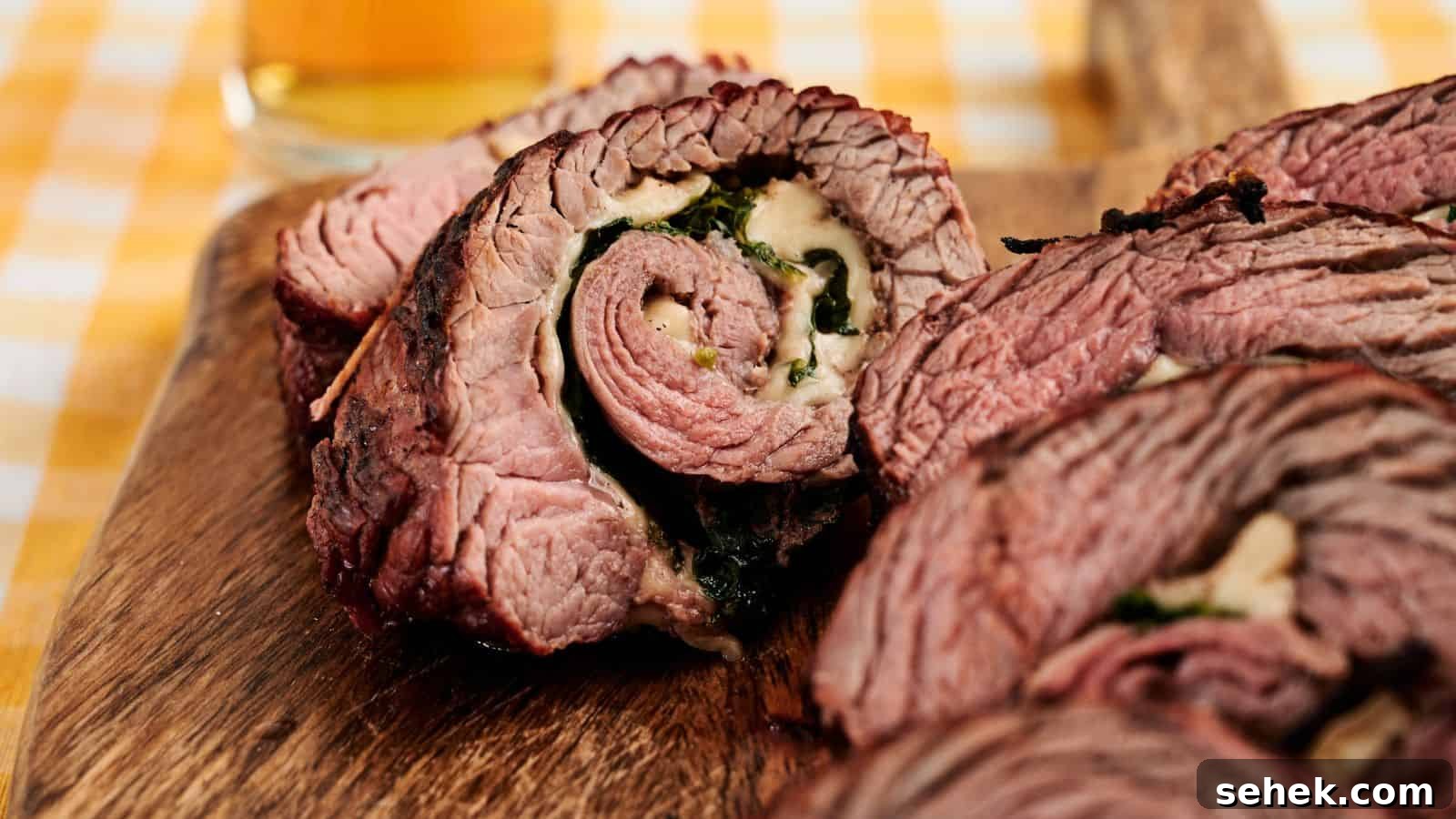 9 Pinwheel Recipes Guests Always Request Again 7 Close-up of sliced stuffed beef roulade with visible layers of meat, cheese, and spinach on a wooden board. A glass of beer is blurred in the background.