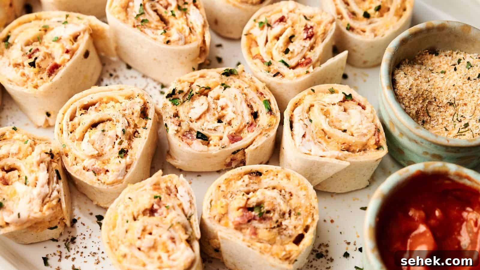 9 Pinwheel Recipes Guests Always Request Again 9 A plate of tortilla pinwheels filled with a creamy mixture, garnished with herbs, served with bowls of salsa and breadcrumbs.