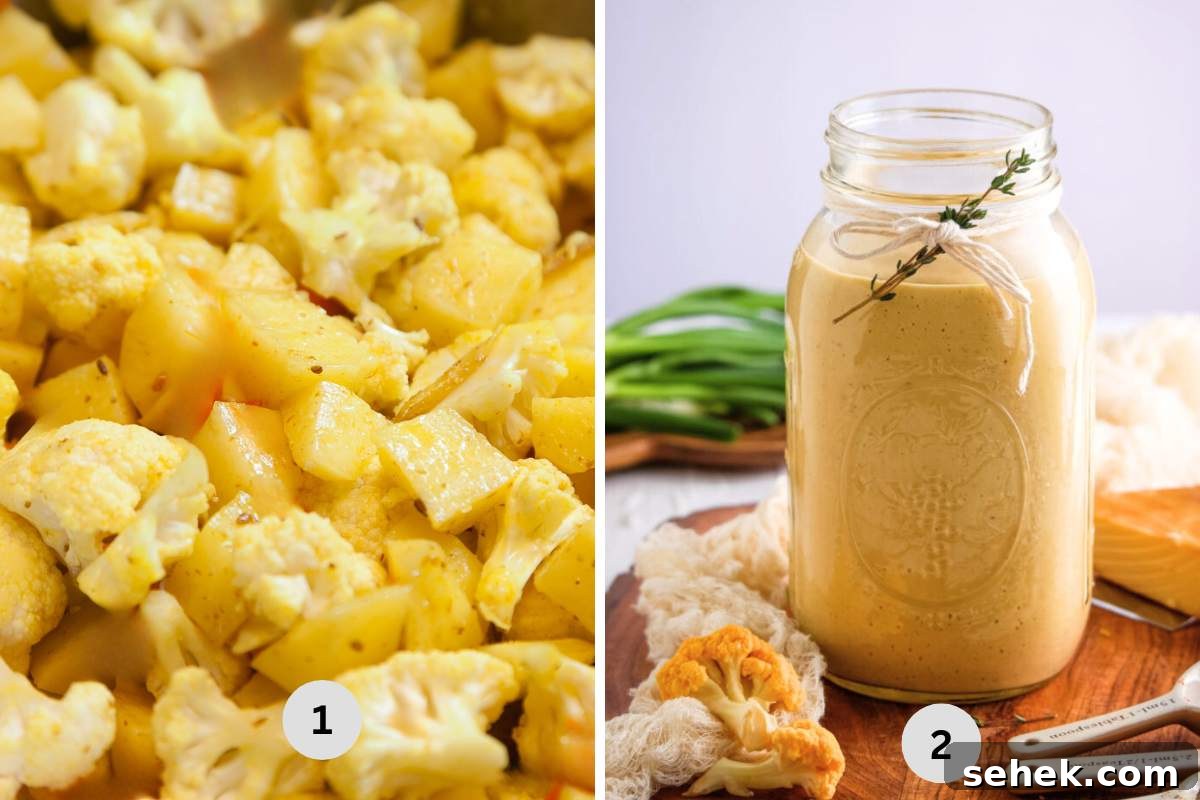 Creamy Cauliflower Mac and Cheese Bake for Comforting Meals 4 Cooking the cauliflower and pureeing it to form a base sauce.