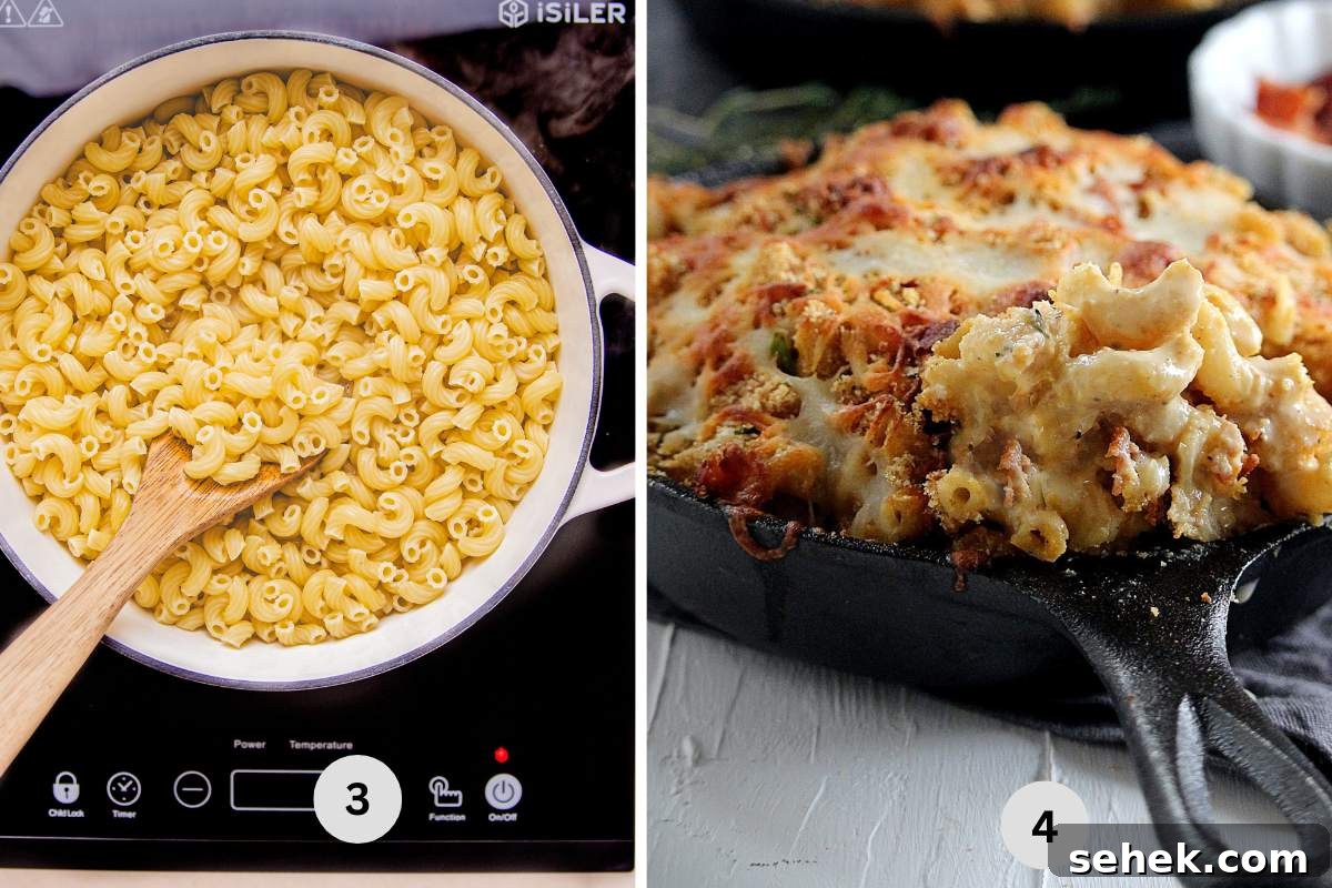 Creamy Cauliflower Mac and Cheese Bake for Comforting Meals 5 Boiling the pasta and combining with the sauce before baking.