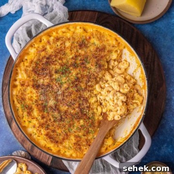 gouda mac and cheese on a flat surface garnished with breadcrumbs and herbs.