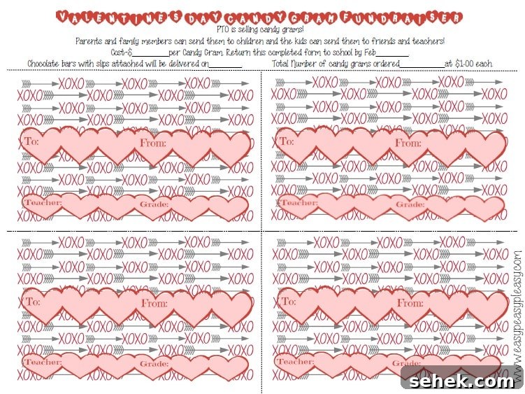 Printable Valentine's Day Candy Grams (Free Download) 5 Free Printable Valentine's Day Candy Gram order form red with blanks that can be filled in to customize your PTO event.
