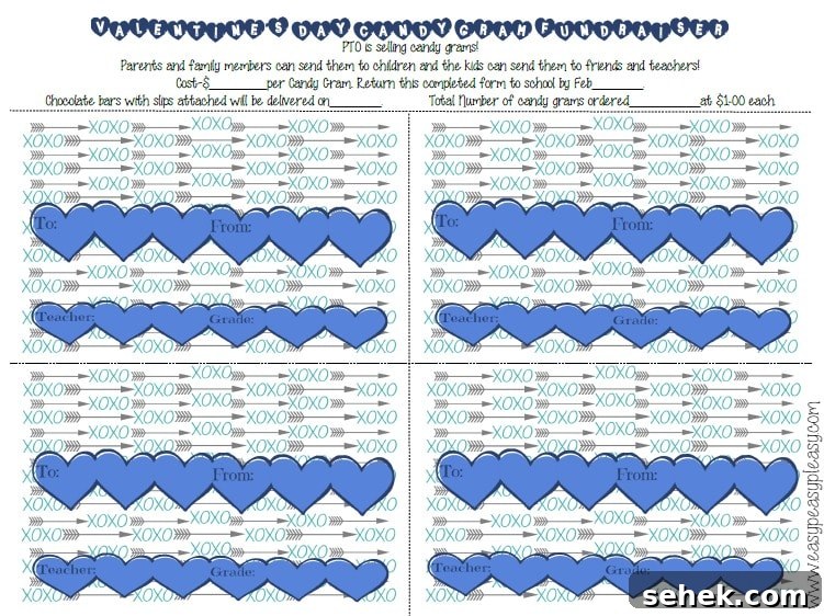 Printable Valentine's Day Candy Grams (Free Download) 6 Free Printable Valentine's Day Candy Gram order form blue with blanks that can be filled in and customized for your PTO event.
