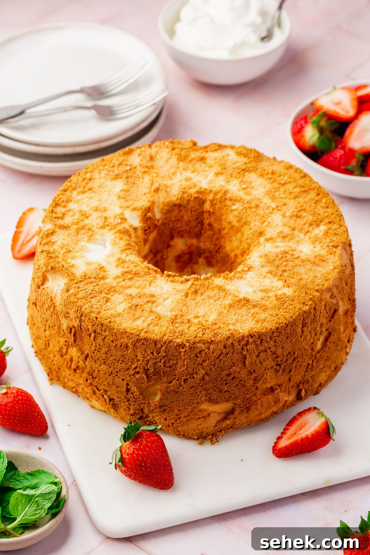 Light and Fluffy Gluten-Free Angel Food Cake Recipe 2 An angel food cake on a serving platter with strawberries scattered around, plates and forks in the background and small bowls of whipped topping, strawberries and mint leaves.