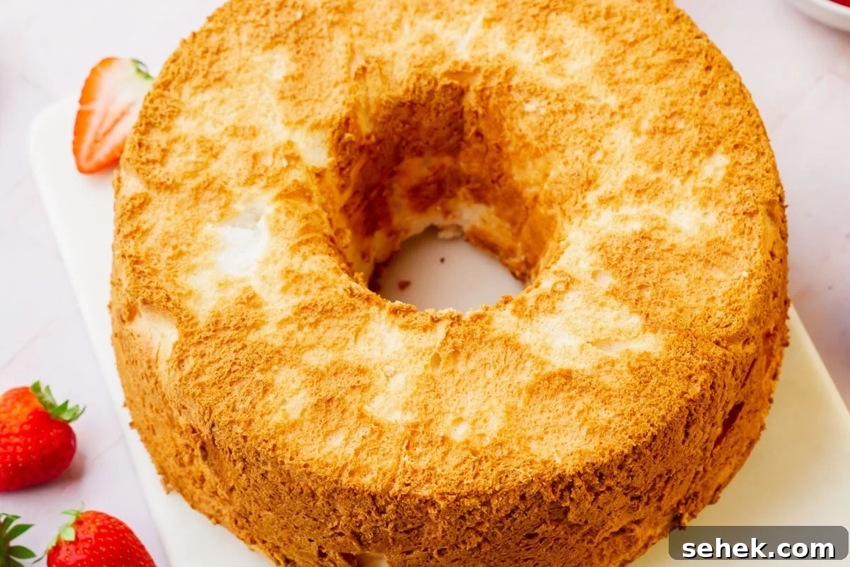 Light and Fluffy Gluten-Free Angel Food Cake Recipe 6 A golden brown Gluten-Free Angel Food Cake with a fluffy texture and a hole in the center, displayed on a white surface with strawberries nearby.