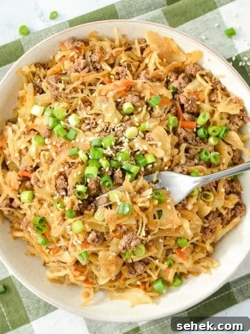 A bowl filled with cabbage and ground beef stir fry.