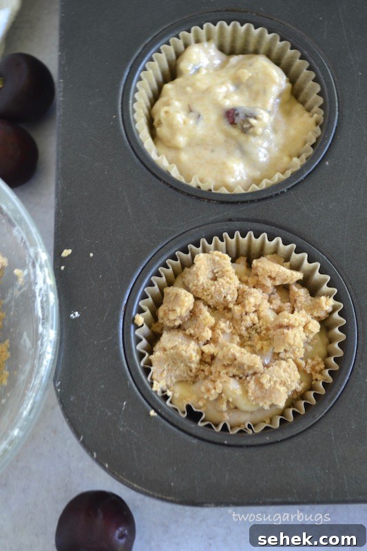 Cherry Crumble Muffins Recipe — Classic Cherry Streusel Muffins 8 Unbaked muffin batter with crumble on top