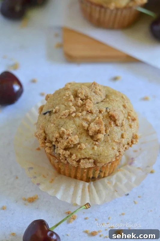 Cherry Crumble Muffins Recipe — Classic Cherry Streusel Muffins 10 Over head shot of single cherry crumble muffin