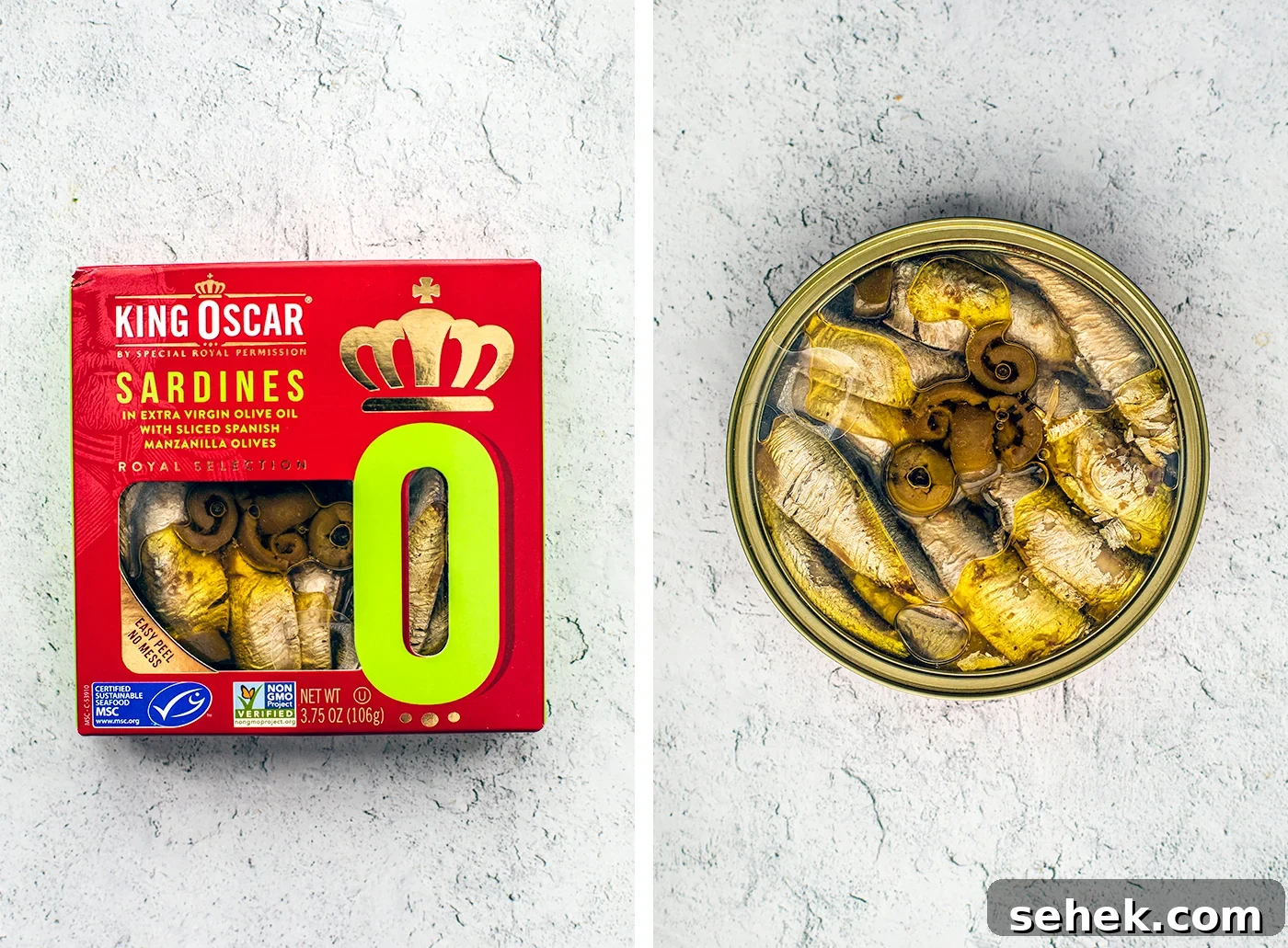 Sauteed Greens and White Beans with King Oscar Sardines 3 King Oscar Royal Selections packaging photo.