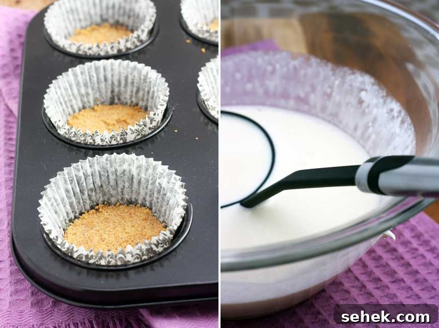 Caramel Cupcake Cheesecakes: Mini Caramel Cheesecake Cupcakes 3 Collage of 2 images showing making caramel cupcake cheesecakes including the graham cracker base and a bowl with the filling in.