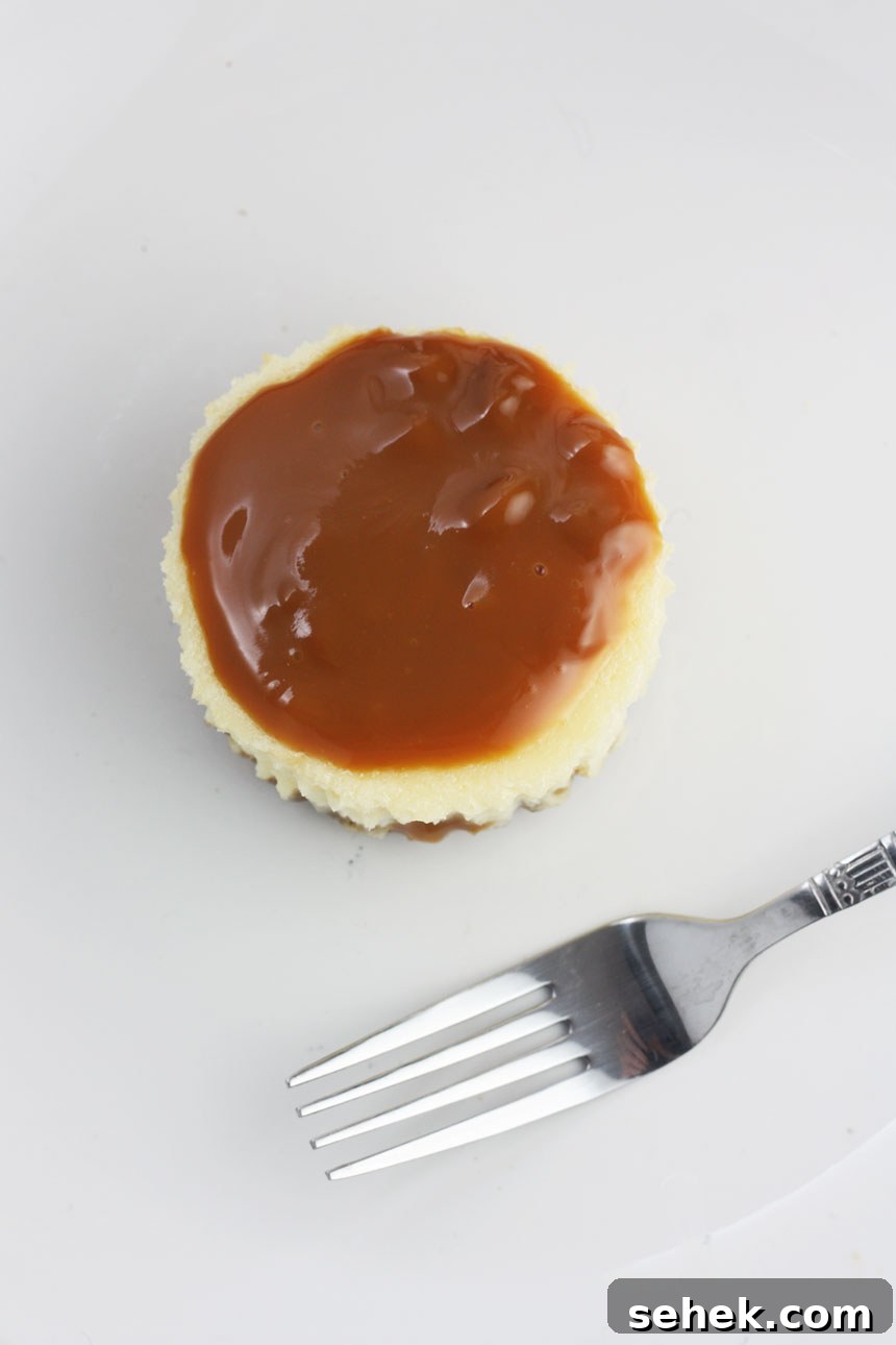 Caramel Cupcake Cheesecakes: Mini Caramel Cheesecake Cupcakes 5 Overhead view of the top of a caramel cupcake cheesecake with a fork.