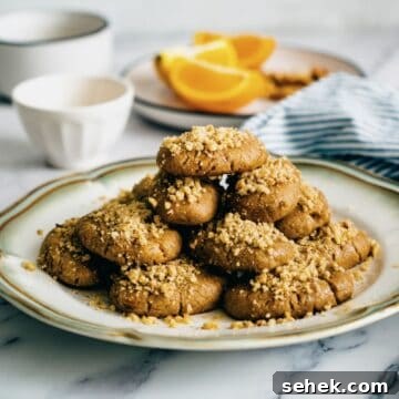 Melomakarona Greek Christmas Honey Cookies Recipe 17 a plate of melomakarona (Greek festive cookies) on a marble surface.