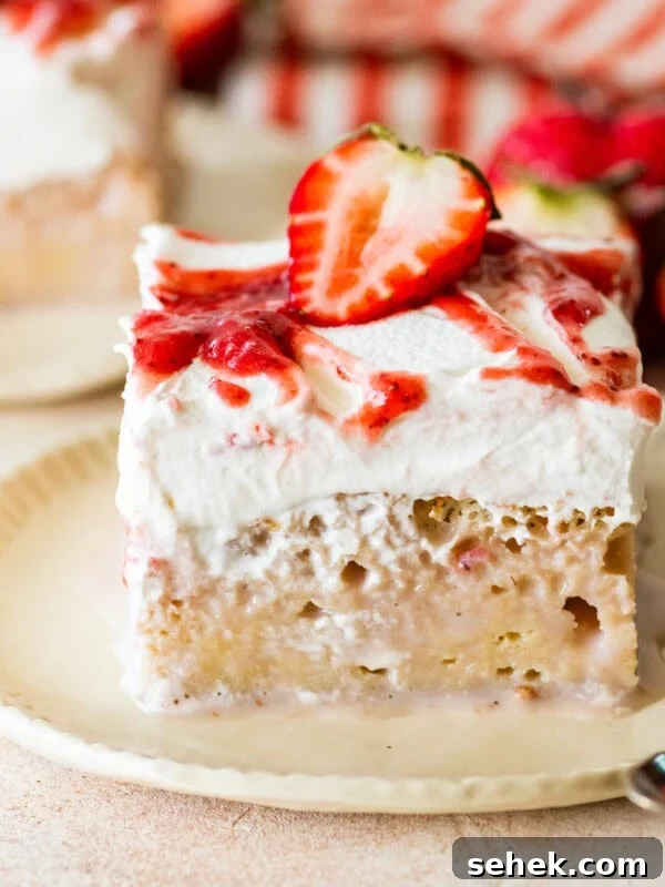 Chipotle-Style Pollo Asado Recipe: Juicy Mexican Grilled Chicken 15 a slice of strawberry tres leches cake, shown from the side, plated with a spoon and more ingredients nearby.
