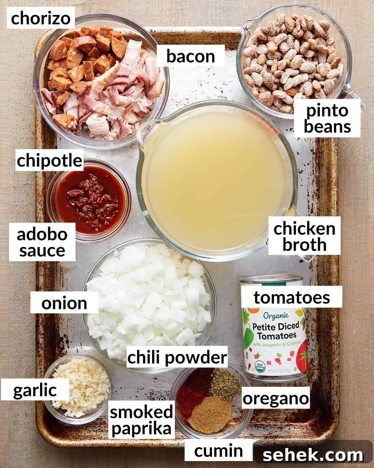 Instant Pot Charro Beans Recipe — Authentic Mexican Frijoles Charros 3 Overhead image of ingredients needed to make instant pot charro beans.