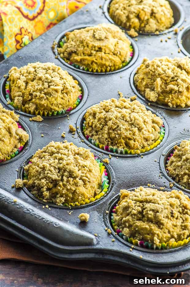 Moist Vegan Pumpkin Muffins with Warm Spices 5 Baked Vegan pumpkin muffin topped with a streusel in a muffin tin lined with multicolor muffin tin liners.