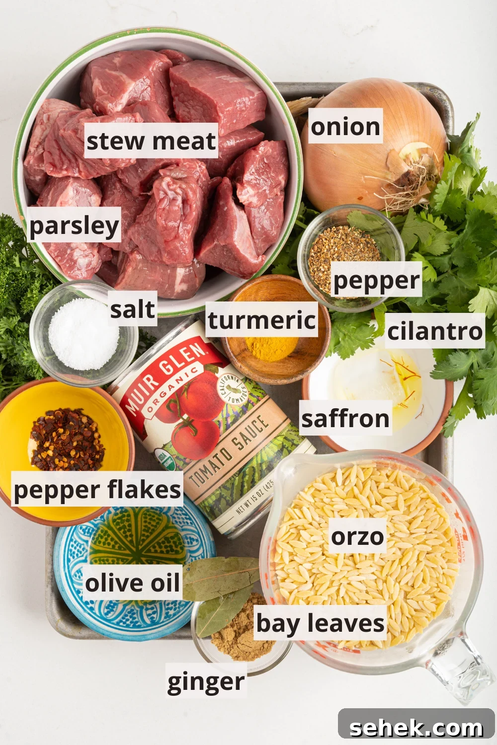 Moroccan Lamb and Orzo Recipe with Warm Spices 3 bowls of orzo, stew meat, spices, and more