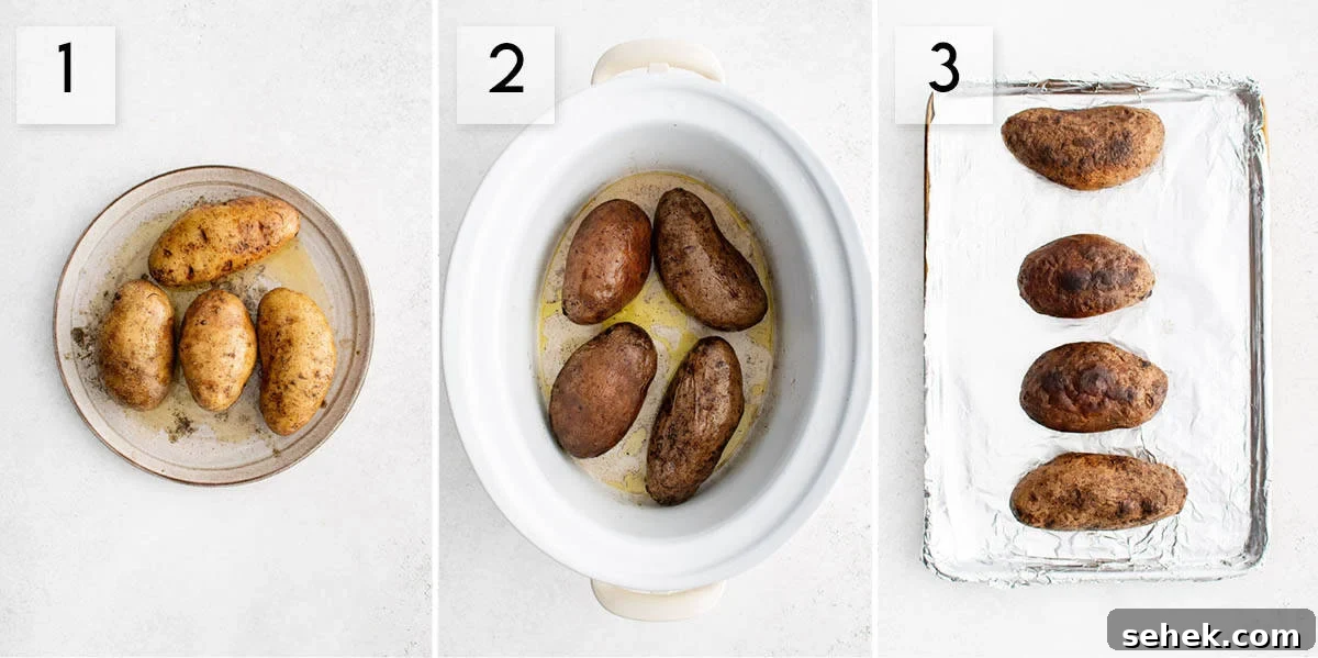 three panel collage image showing hte steps to make slow cooker baked potatoes