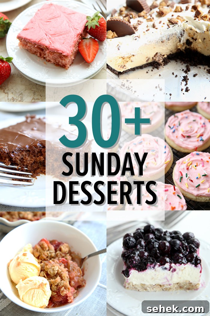 Over 30 Decadent Sunday Dessert Recipes to Impress 2 6-photo picture collage of a slice of strawberry jam sheet cake, Reese's peanut butter pie with a slice taken out, a square of chocolate zucchini sheet cake, several soft and fluffy sugar cookies, a bowl of strawberry rhubarb crisp with vanilla ice cream, and a slice of magnolia bakery blueberry jamboree. The words